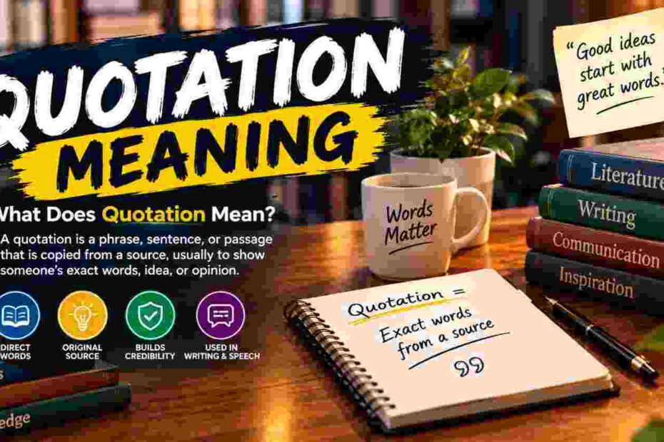 Quotation meaning explained with books and writing materials
