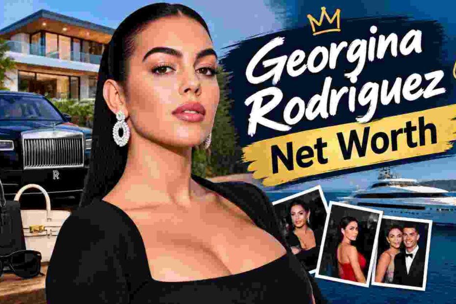 Georgina Rodriguez net worth featuring her portrait, luxury lifestyle, mansion, yacht, and car