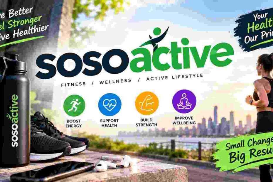 Soso Active fitness and wellness banner featuring a woman running, workout shoes, and a healthy active lifestyle.