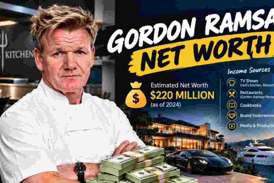 Gordon Ramsay net worth infographic showing $220 million, income sources from TV shows, restaurants, cookbooks, brand endorsements, and luxury assets like mansion, yacht, and sports car.