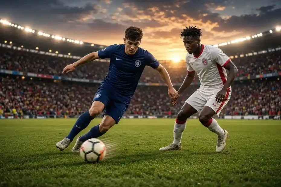 Two professional soccer players competing for the ball on a green pitch in a packed stadium during a sunset match – dynamic football action shot