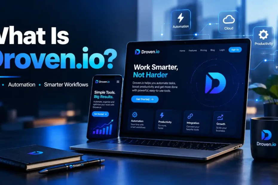 Droven.io AI automation platform dashboard showing intelligent workflow tools, RPA bot activity, and employee career roadmap features on a curved monitor