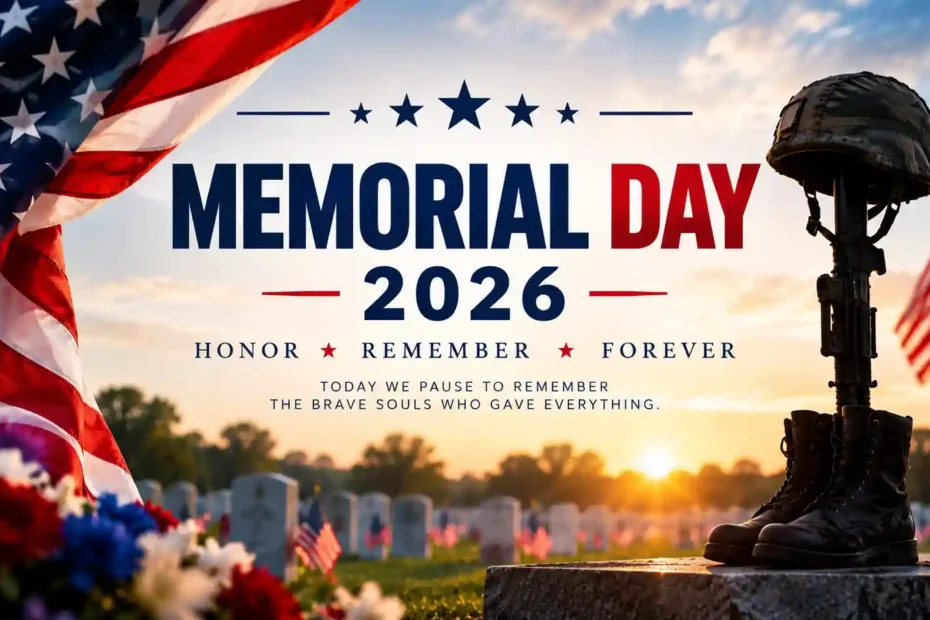 American flag at half-staff above white military headstones during Memorial Day 2026 on May 25
